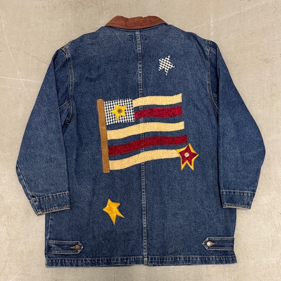 Vintage Denim Overcoat with Embroidered Stars and American Flag - Picture 6 of 9